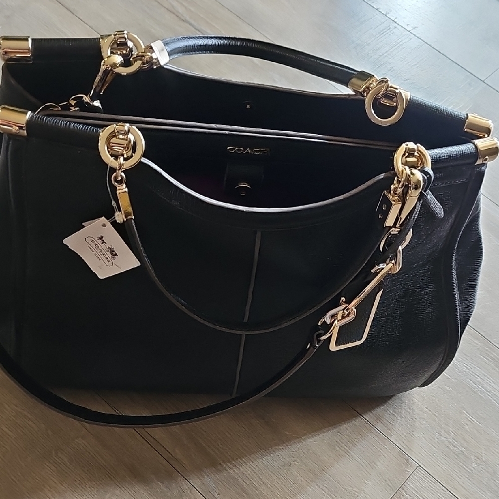 Coach Black Leather Shoulder Bag with Gold Accents